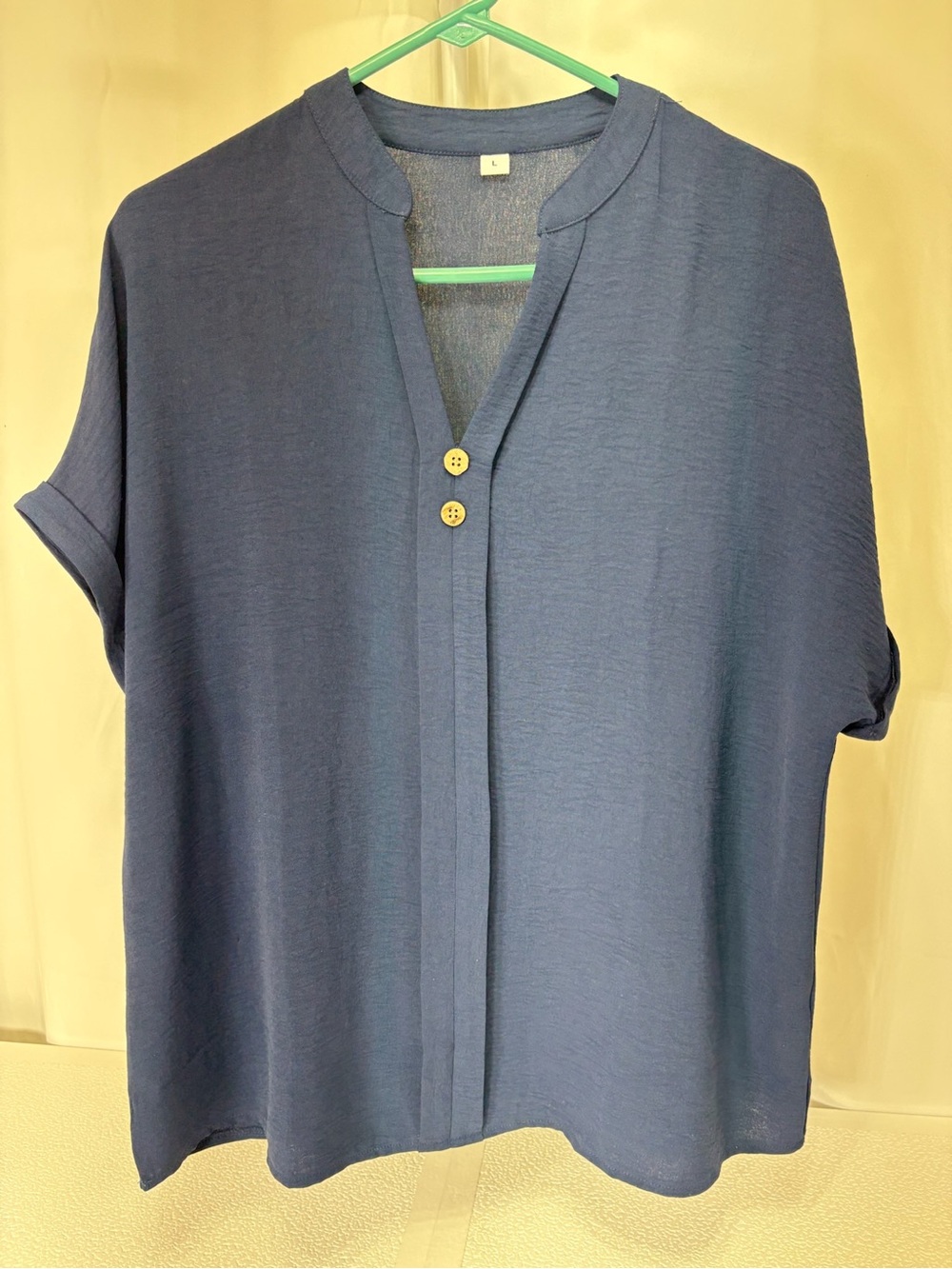 Relaxed Navy Short-Sleeve Split-Neck Button Front Blouse 3543